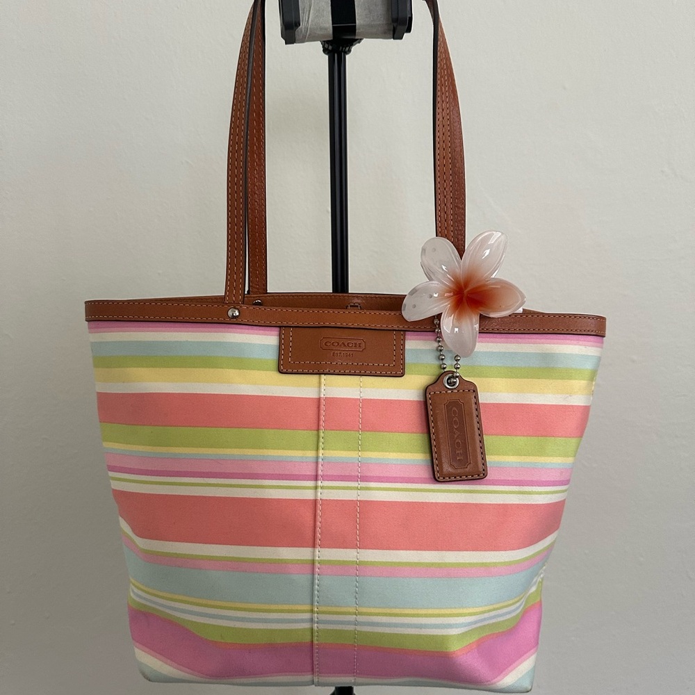 Coach Pink and Orange Striped Tote Bag